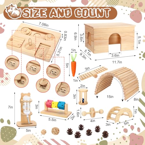 Leinuosen 19 Pcs Hamster Cage Accessories Toy Set Large 12*9*7 Inch Wood House with Window and Water Bottle with Stand Foraging Toy Hideout Hamster Climbing for Starter Guinea Pig Small Animal Habitat