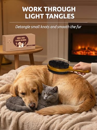 TAKAVU Pin & Bristle Pet Brush for Dogs & Cats, Double-Sided | Grooming Tool Detangles, Removes Loose Hair & Conditions Coat, Soft on Sensitive Skin, Natural Wood Handle Groomer - color: Black Boar Bristle & Pin Brush