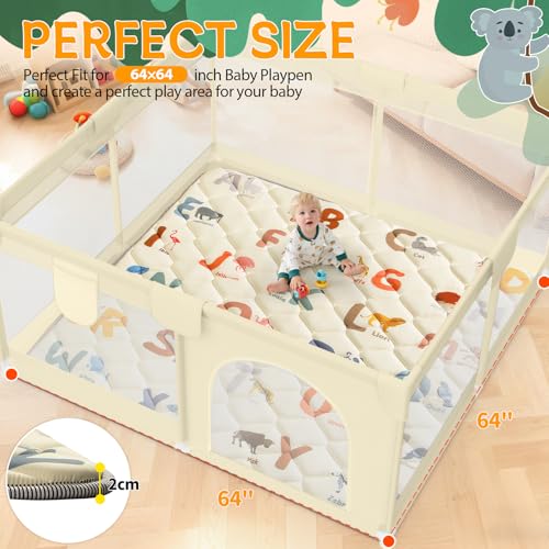 Omzer 64x64 Baby Play Mat for Floor, Playpen Mat for Toddlers Infants | Animal Alphabet Design, Safe Non-Slip Base, Extra Thick Soft Foam, Machine Washable, Foldable, Fits Playpen&Outdoor - size: 64"×64"