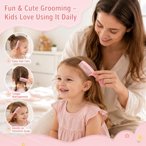 8Pcs Baby Hair Comb Set with Cute Bear Pattern, Safe Rounded Tooth Toddler Hair Brushes & Rat Tail Combs for Kids, 4 Color Cute Infant Grooming Kit for Girls & Boys,Travel Friendly