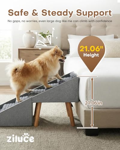 Dog Ramp for Bed & Couch, Dog Stairs 21.06 inches High for Large/Medium/Small Doggie, Foldable 2 in 1 Wooden Pet Steps for Puppy Older and Injured Dogs, Split Ottoman Design, No-Slip Surface - size: 21.06" H-Light Grey