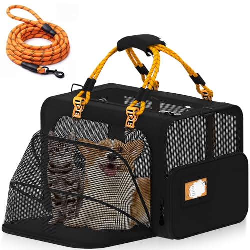 PAWZIDEA Expandable Large Pet Carrier, Soft-Sided 2–4 Cats Carrier Up 55lbs | 24"×16"×16" Collapsible Small to Medium Dog Carrier Travle Bag, Portable Dog Crate for Car Travel, Breathable, Storage Pocket - color: Black Warrior, size: 24.0"L x 16.0"W x 16.