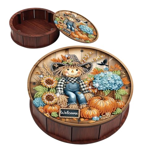 JISHSHAY Thanksgiving Diamond Art Storage Box Scarecrow Diamond Painting Wooden Snack Box Pumpkin Gem Painting Candy Box Gem Art Organizer Case Mosaic Kits for Adults Storage Containers with Lid - color: Scarecrow