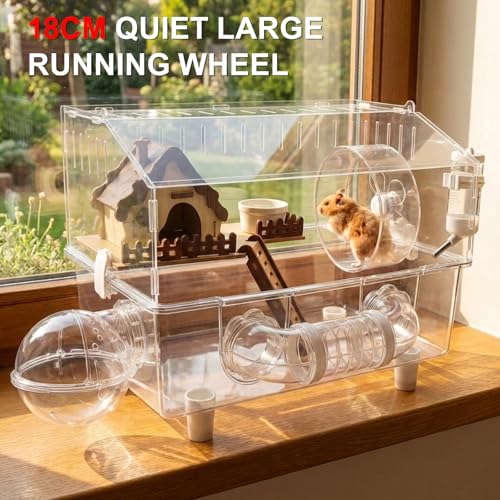 Loungewave Acrylic Hamster Cage, 8 in 1 Gerbil Cage with Accessories | Classic House Style, Dwarf Hamster Cage with Full Transparent Viewing, Clear View Inside Easy to Clean, Excellent Ventilation - color: Transparent