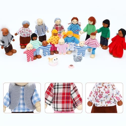 ONEST 19 Pieces Wooden Dollhouse Family Set Mini People Figures Sets Dollhouse Dolls Wooden Doll Family Pretend Play Figures Accessories for Pretend Dollhouse - style: E Set