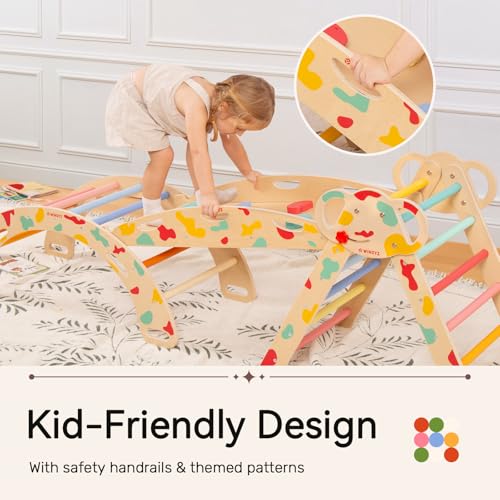 Pikler Triangle Set, Montessori 8-in-1 Climbing Set with Cushion | Wood Jungle Gym for 18M-5Y, Foldable, Reversible Animal Slide, Patent-Protected, 2.35in Gap, ASTM F963, Rainbow - color: Rainbow
