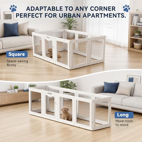 Clear Acrylic Dog Playpen Indoor, Small Pet Fence, 10 Panels 24" H | Clear transparent panels calm anxious puppies. Tool-free interlocking joints enable quick setup & flexible layout changes