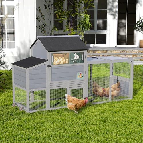 COZIWOW 82" Large Wooden Chicken Coop Mobile Rabbit Hutch with Wheel, Gray | Weatherproof asphalt roof & sunshine board, Anti-slip ramp, Pull-out tray, Hen house with 5 openable doors, Indoor Bunny Cage - color: Gray with Pattern