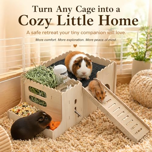 Large Guinea Pig Hideout, Hamster Hideout, with ramp, Easy to Assemble, Sturdy Wooden Small Animal Bed Platform, with Water Bottle, Granary, Used for Small Animal House Habitat or Hamster Hideout - color: Feeder