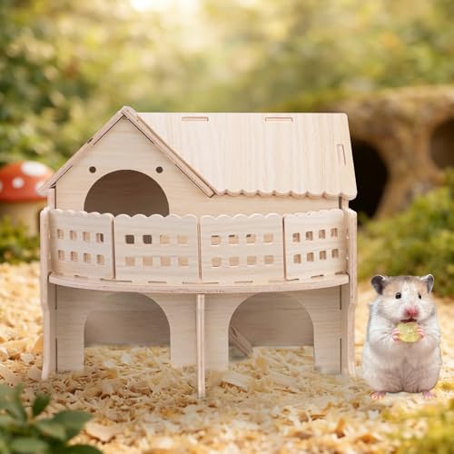 Wooden Hamster House with Balcony, Small Animal Habitat Double-Decker Forest-Style Hut Chew Toys for Dwarf Hamsters, Gerbils, Small Pets (Hole Diameter 4 CM) - size: Hole Diameter 4 CM