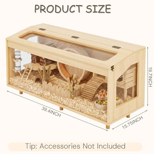 Wooden Hamster Cage, 39.4" Large Small Animal Cage with 19.7" Tall Habitat, Openable Top, Chew-Resistant Acrylic Panels, Wood Enclosure for Gerbil & Guinea Pig (39.4 * 15.75 * 19.7 inch) - size: 39.4"L x 15.8"W x 19.7"H