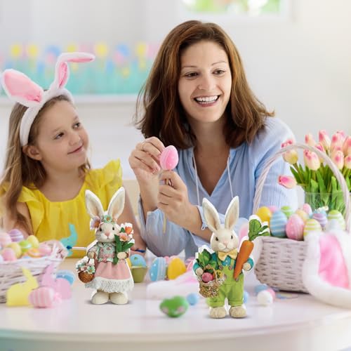DoubleFill 2 Pcs Easter Bunny Figurine Easter Wooden Bunny Figurines Table Decoration for Spring Gifts Home Office Centerpiece Decor Party Supplies - style: Trendy Style