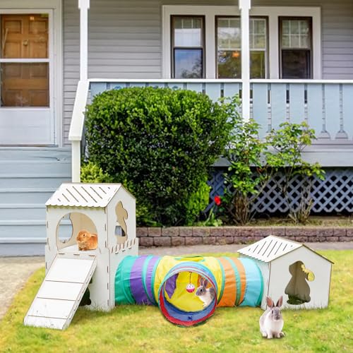 Extra Large Sturdy Rabbit Hideout with 3 Way Tunnels, Wooden Bunny Castle with Stairs, Rabbit Hideout Castle Tower Toys for Indoor Outdoor Play - color: -Natural -01