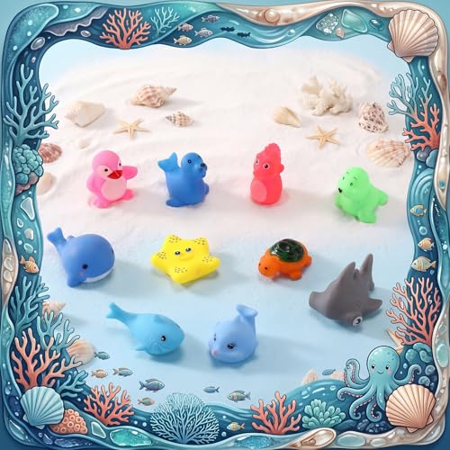 Poen 100 Pcs Sea Animals Bathtub Toys Bulk Cute Rubber Bath Toys Floating Ocean Squeaky Animals for Birthday Party Supplies Summer Pool Favors Baby Shower Classroom Rewards Carnival Prize, 10 Styles - style: Vivld Style