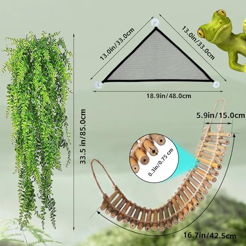 kathson Reptile Bridge for Terrarium,Bearded Dragon Wooden Bridges Gecko Hammock with Hanging Plants Lizard Lounger Bamboo Ladder Reptiles Tank Accessories Climbing for Chameleons Geckos Snakes (3Pcs) - size: Large