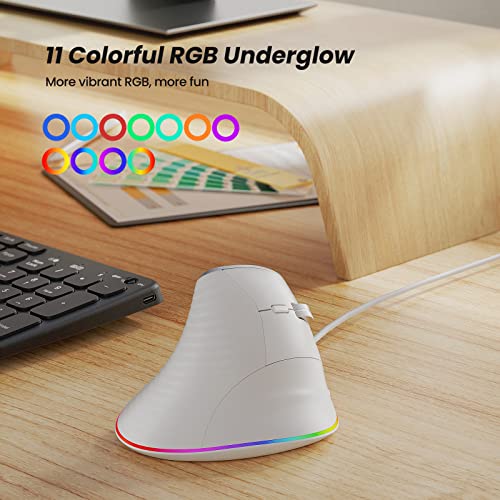 Nulea M504 Wired Vertical Mouse, USB Ergonomic Optical Mouse with 4 Adjustable DPI, 11 RGB Backlight Modes, Compatible for Laptop, PC, Desktop, Mac, White - color: C-White