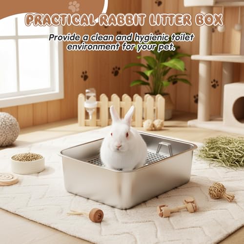 Maxcheck 2 Pcs Rabbit Litter Box, Stainless Steel Rabbit Litter Pan with 2 Grids, High Side Bunny Toilet Tray Potty Training Pan for Rats Ferret Bunny Guinea Pig(M 17.7''L x 13.7''W x 4''H) - size: M 17.7''L x 13.7''W x 4''H