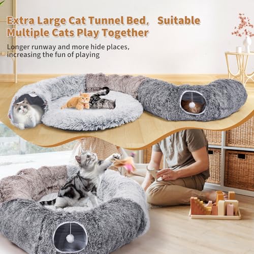 Large Cats Tunnels for Indoor Cats Fluffy Warm Cat Bed and Detachable Cave Tunnels with 20 Pet Toys, Donut Tunnel and Variety Kitten Toy Set for Playing - color: Large (D: 47in)