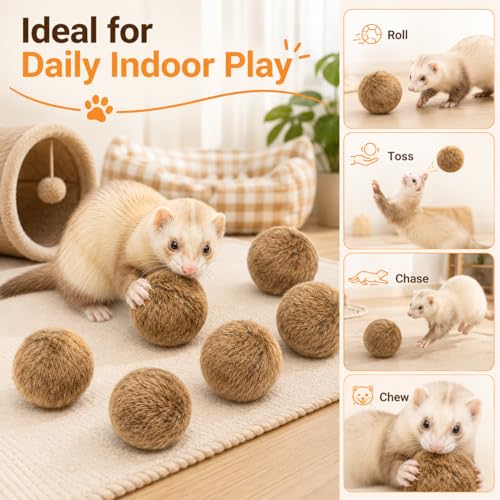 6PCS Furry Ferret Toy Ball, Soft Plush Small Pet Exercise Ball with Cotton Filling, Interactive Chew Toy for Ferrets, Rabbits, Hamsters, Cat, Relieve Boredom & Anxiety