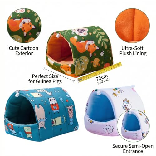 Guinea Pig Hideout 9.84 Inch, 4 Pack Small Animal Bed with Secure Hooks, Washable Fleece House for Guinea Pigs, Rabbits, Chinchillas, Hedgehog, Hamsters, Ferrets (Multi Patterns) - size: Large