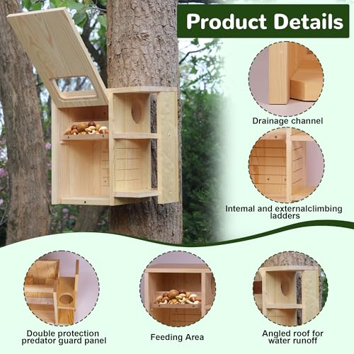 Extra Large Wooden Squirrel House for Outside | Dual Protective Entry Design, with Squirrel Feeder, Squirrel Nesting Box with Multi-Platforms for Nesting & Shelter - size: Extra Large