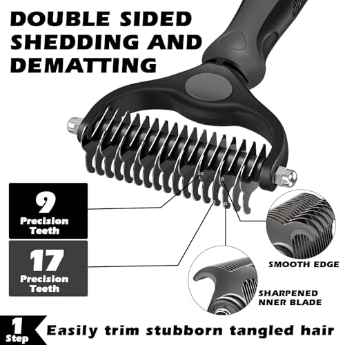 Professional 3PCS Self Cleaning Slicker Brush & Pet Grooming Rake & Flea Comb for Dogs,Cats and Horses | Double-Sided Dematting Comb & Skin Friendly Deshedding Grooming Tool | Pet Supplies (Grey) - color: Grey