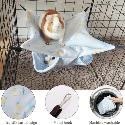 SEIS 2PCS Cooling Small Pet Hammock & Mat Set, Ice Silk Summer Cage Hanging Bed for Guinea Pig Hamster Chinchilla Rabbit, Cute Strawberry Lemon Print Breathable Pet Rest Bed (Blue) - color: Blue