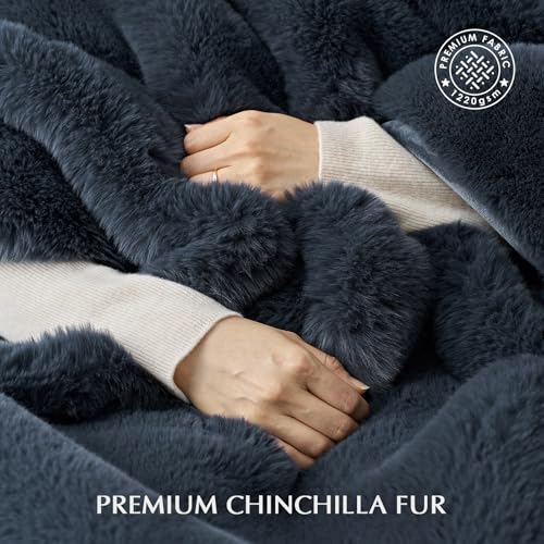 EVERGRACEHOME Faux Chinchilla Fur Throw Blanket, 60"x80", Stormy Blue Mink | Luxury, Super Soft, 1220GSM, Fluffy Cozy Mink, Reversible Velvet Back, Warm Thick Heavy Winter Throw for Couch Bed, Gift - color: Stormy Blue Mink, size: 60"x80"