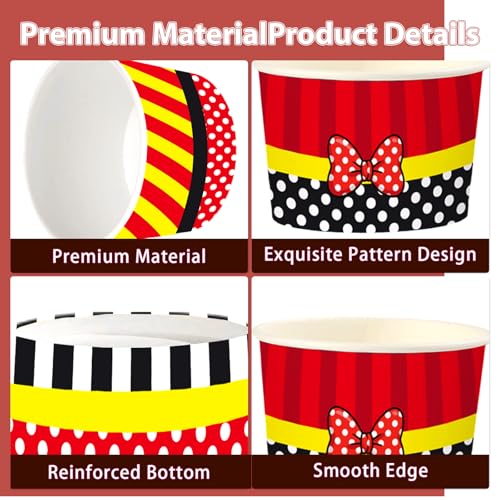 120 Pcs 12 oz Red Mouse Theme Ice Cream Cups for Hot or Cold Food | Cartoon Mouse Dessert Bowls Disposable Red White Polka Dot Large Snack Cups for Sundae Frozen Treat Movie Night Party Favor - style: Mouse Dessert Cups