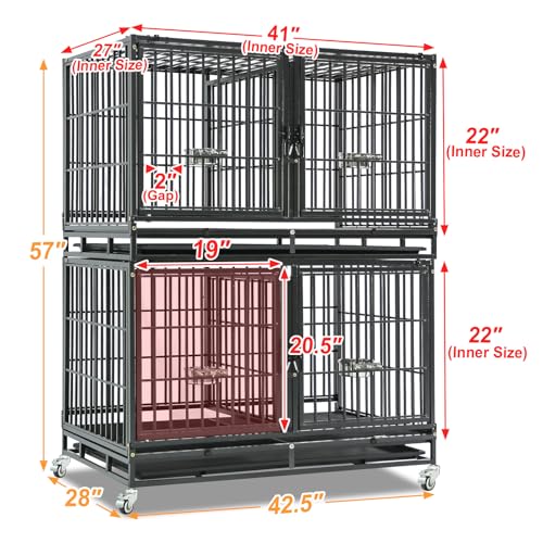 Homey Pet 43 inch Dog Crate Stackable Heavy Duty Dog Kennel Indoor, 2 Tiers | Dog Grooming Cage with Dual Front Doors, Auto Locks, Removable Grid & Tray, Wheels, Bowls, Ideal for Small and Medium Dogs - size: 43.0"L - 2 Tiers - 1P