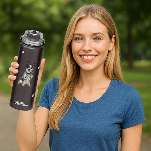 SERENGETI 24 Oz Water Bottle Stainless Steel with Spill Proof Lid - Double walled Vacuum Insulated water flask - Realistic 3D Print of your favorite dog (Australian Cattle Dog) - color: Australian Cattle Dog