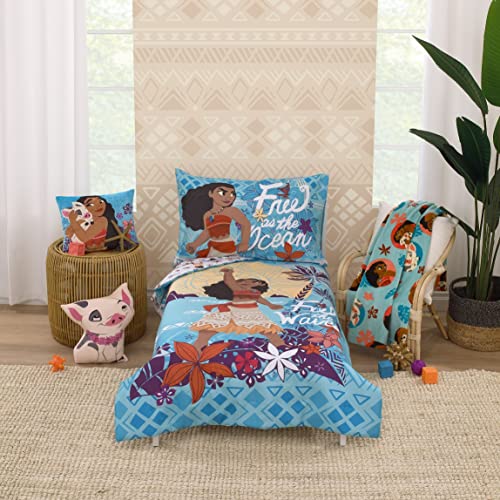 Disney Moana Free as the Ocean Aqua, Purple, Orange, and White Tropical 2 Piece Toddler Sheet Set - Fitted Bottom Sheet and Reversible Pillowcase - color: Moana - Free as the Ocean