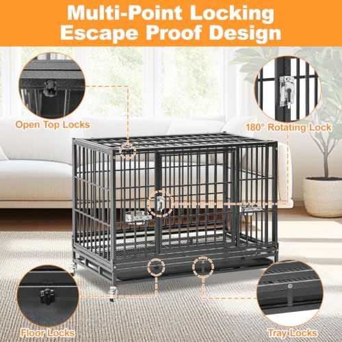 Homey Pet 37" Heavy Duty Stackable Dog Crate with Wheels for Medium Dogs | Metal Dog Cage Kennel with Escape proof Locks, Removable Tray, Bowl, Open Top, Ideal for Breeders, Groomers & Multi-dog Homes - size: 36.6"L x 22.5"W x 29.1"H