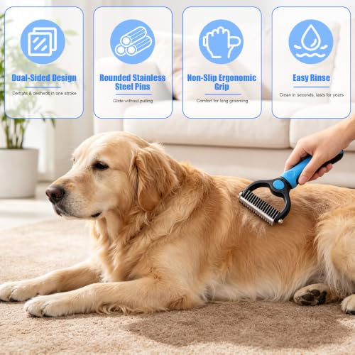 Professional Pet Grooming Tool, Dual Teeth Undercoat Rake & Dematting Comb Deshedding Grooming Comb Rake for Long & Short Hair Dogs