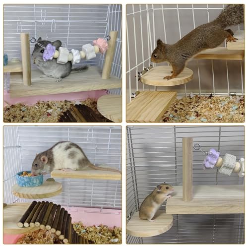 8 Pcs Chinchilla Ledges Wood Sets,Hamster Cage Platform Wooden Stand with Chew Lava Ledge Blocks Rats Climbing Toys Bridge Small Animal Cage Accessories for Squirrel Sugar Glider Gerbil - color: Pink