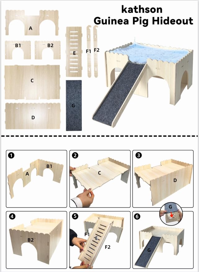 kathson Large Guinea Pig Hideout, Upgraded Guinea Pig Castle with Anti-Slip Ramp Detachable Hamster Hiding Hut Small Animal House for Hamsters Chinchillas Bunny