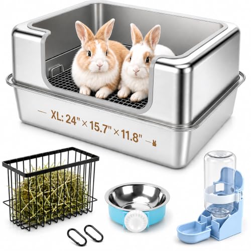 BWOGUE Extra Large Stainless Steel Rabbit Litter Box with Grid for Bunnies | Large Rabbit Litter Box, 23.6 x 15.7 x 11.2 in, High Sides, Removable Grid, Easy to Clean, Prevents Odors and Stains