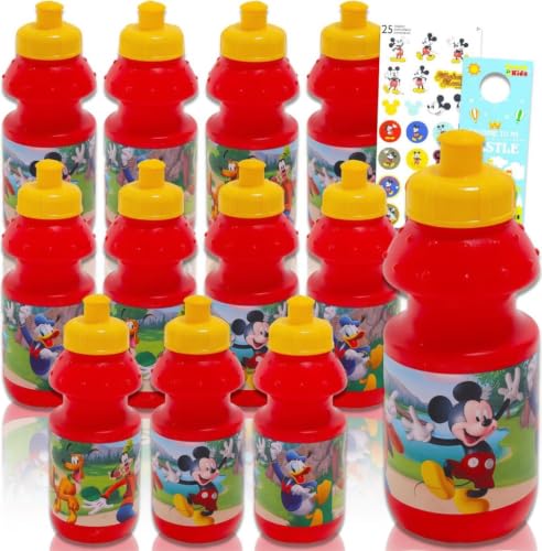 Mickey Mouse Water Bottles for Kids Party Favors School - 12 Pack Bundle | Mickey 11 Oz Bulk Reusable Water Bottles w Pull-Top Lids, Plus Stickers, MORE | Mickey Mouse Birthday Party Supplies for Kids