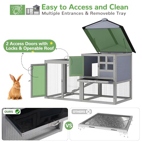 48" L Large Rabbit Hutch Outdoor Indoor, Expandable 2-Story Wooden Bunny Cage with Run, Removale Tray, 3 Entrances, Grey + Colorful Pattern