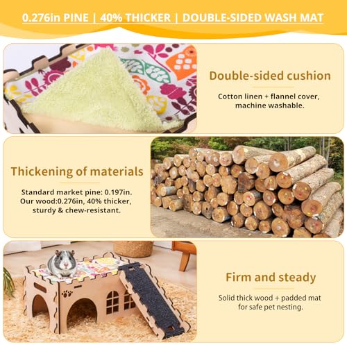 2-Story Guinea Pig Hideout Castle, Easy Assemble Thick Wood with Ramp | Large 2-Story Castle | 7mm Thick Pine Wood (40% Thicker) | Full Round Corner | Freely Mountable Ramp, Modular & Washable Pad