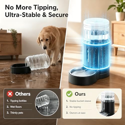 CZPET Dog Water Bowl Dispenser 8L, Wider Mouth Gravity Refilling (Black) | With Stainless Steel Bowl Gravity Waterer, Large Capacity and Drinking Area Noise-Free for Pets - color: Black