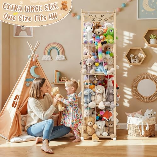 OurWarm Stuffed Animal Storage & Organizer, 68.5 Inch Large Wooden Zoo Stuffed Animal Holder with Wheels, Kids Toy Storage Organizer for Nursery Storage, Toddler Rooms, Playrooms, Bedroom Organization