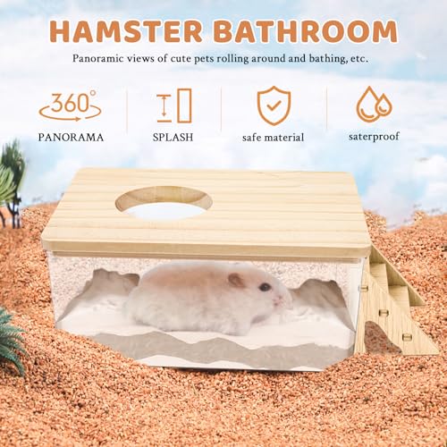 Hamster Sand Bath, Pentagon Hamster Sand Bath Container with Climbing Ladder, Large Acrylic Hamster Dig Box with Wood Cover, Sand Bath for Hamsters Small Animals (Rectangle) - style: Rectangle