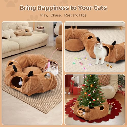 Cat Tunnel Bed with 20 Pcs Interactive Toys, 3-in-1 DIY Collapsible Plush Cat Tube with Washable Mat, Large Indoor Play Tunnel Cave for Kittens and Small Animals - color: Brown