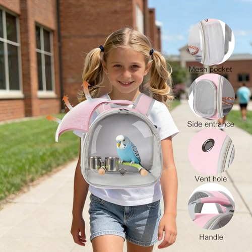 Small Bird Travel Backpack Carrier Cage with Cups, Backpack to Transport Backpack Carrier with Clamp Cups Stand Perch for Parakeet Cockatiel Budgies Vet Carry Book Bag Pink - color: Pink