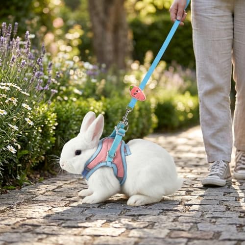 Bunny Harness and Leash Set Double Buckle | Soft Rabbit Harnesses with Carrot | Adjustable Reflective Strips Jacket Escape-Proof Vest for Puppy Guinea Pigs Pet Ferret Walking(Blue-Pink-M) - color: Blue-pink, size: M