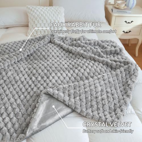 XeGe Luxury Bubble Fluffy Faux Rabbit Fur Bed Blanket King, Light Grey | 104"x90", Double-Sided, Hypoallergenic, No-Shed, Washable, Warm Furry Blanket for Master Bedroom, Couples & Family Snuggling - color: Light Grey, size: King (104" X 90")
