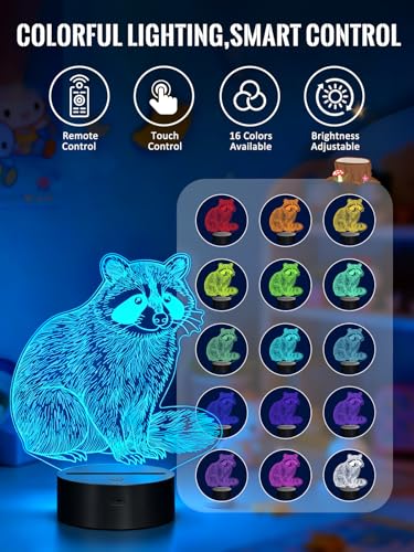 Raccoon 3D Night Light for Kids, LED 16 Colors Remote Control Changing Touch Dimmable Table Desk Lamp, Cute Animal Gifts for Raccoon Lovers Animal Fans - color: Color B