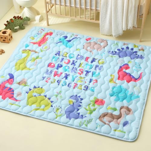 Viviland Baby Mats for Floor, 71x59 Inch Playpen Mat, Thicker & Large Soft Playmat for Baby and Toddlers Infants, Non-Slip & Machine Washable, Blue Dino and Letters - color: Blue Dino and Letters, size: 71" X 59"