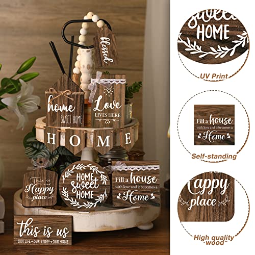 11 Pcs Home Tiered Tray Decor Sweet Home Rustic Farmhouse Tiered Tray Decorations Set Spring Wooden Signs Vintage Farm Animal Farmhouse Tabletop Wood Signs for Kitchen Table Shelf Decor - style: Vintage